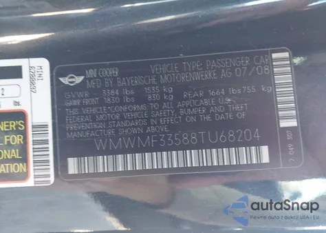 2008 Mini Cooper from USA, damaged, VIN WMWMF33588TU68204